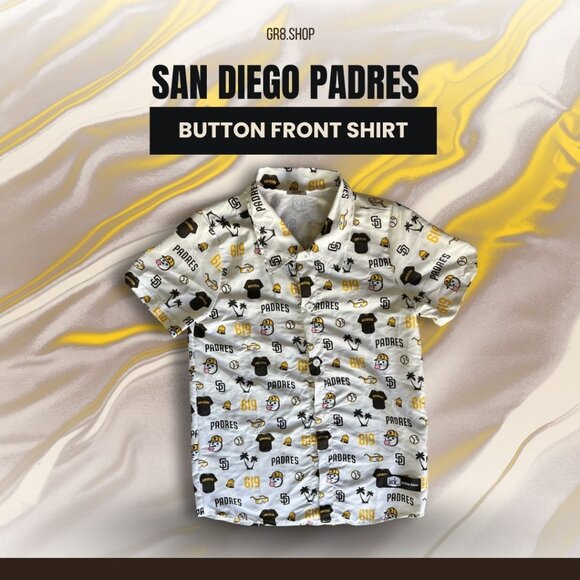 San Diego Padres Button Front Shirt Youth L By BDA Sports Polyester White & Gold - Picture 1 of 5